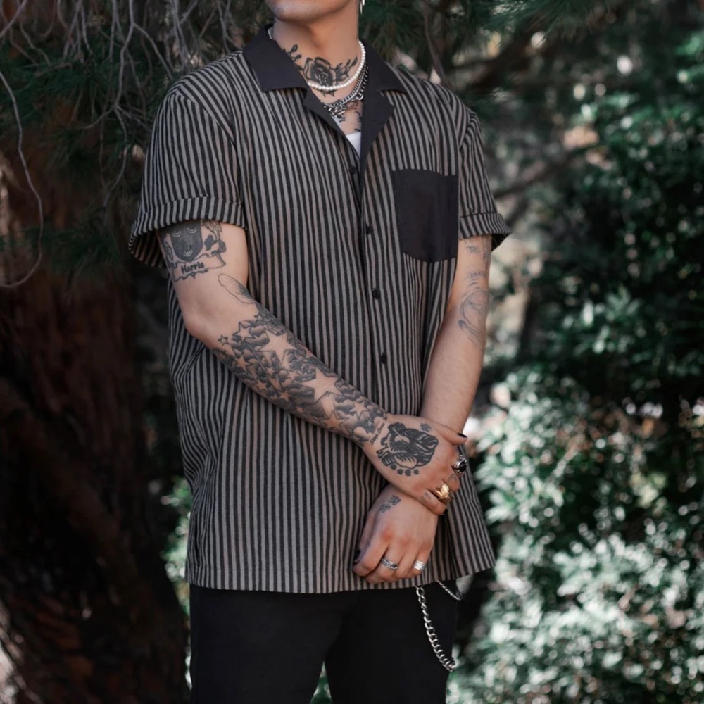 Lively Ghosts Sweeney Button Down Shirt Striped Black and Gray Men's Shirt